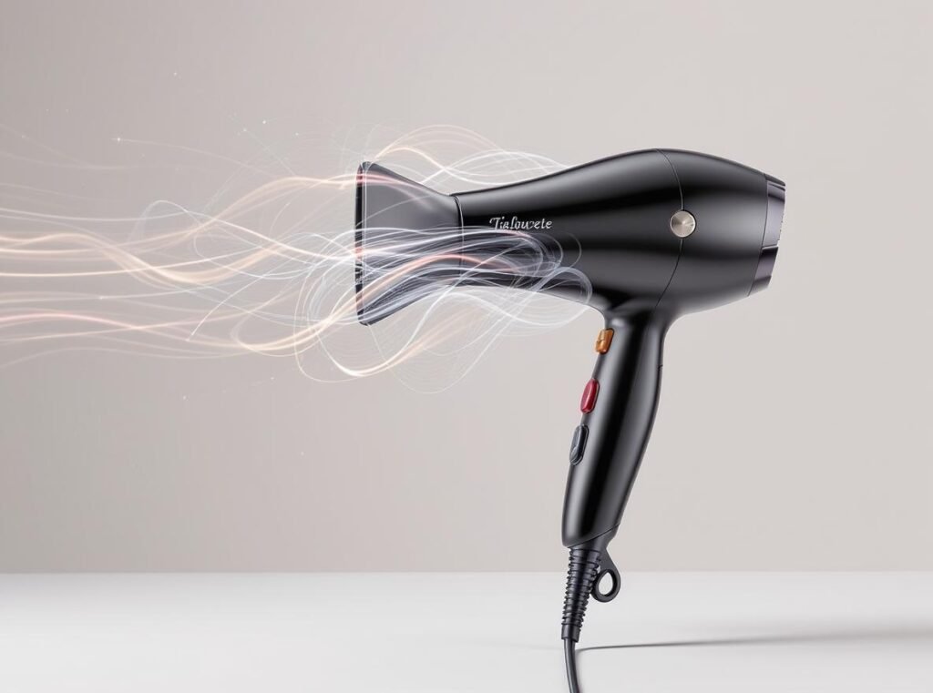 Premium high-speed hair dryer with airflow visualization demonstrating advanced technology