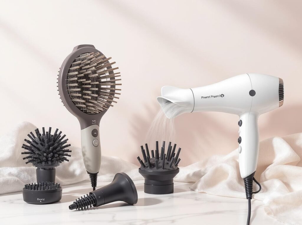 Professional hair styling setup showing both universal and brand-specific diffuser options