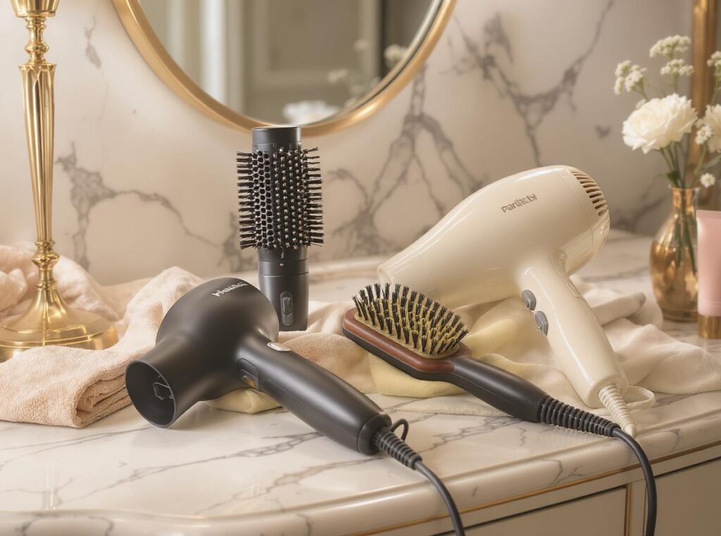Woman making decision between hair styling tools with results comparison