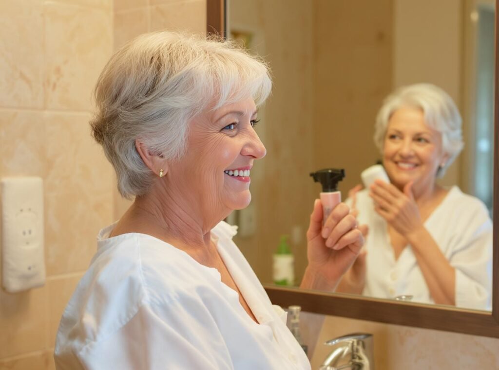 Confident elderly woman with well-styled hair showing independence in grooming