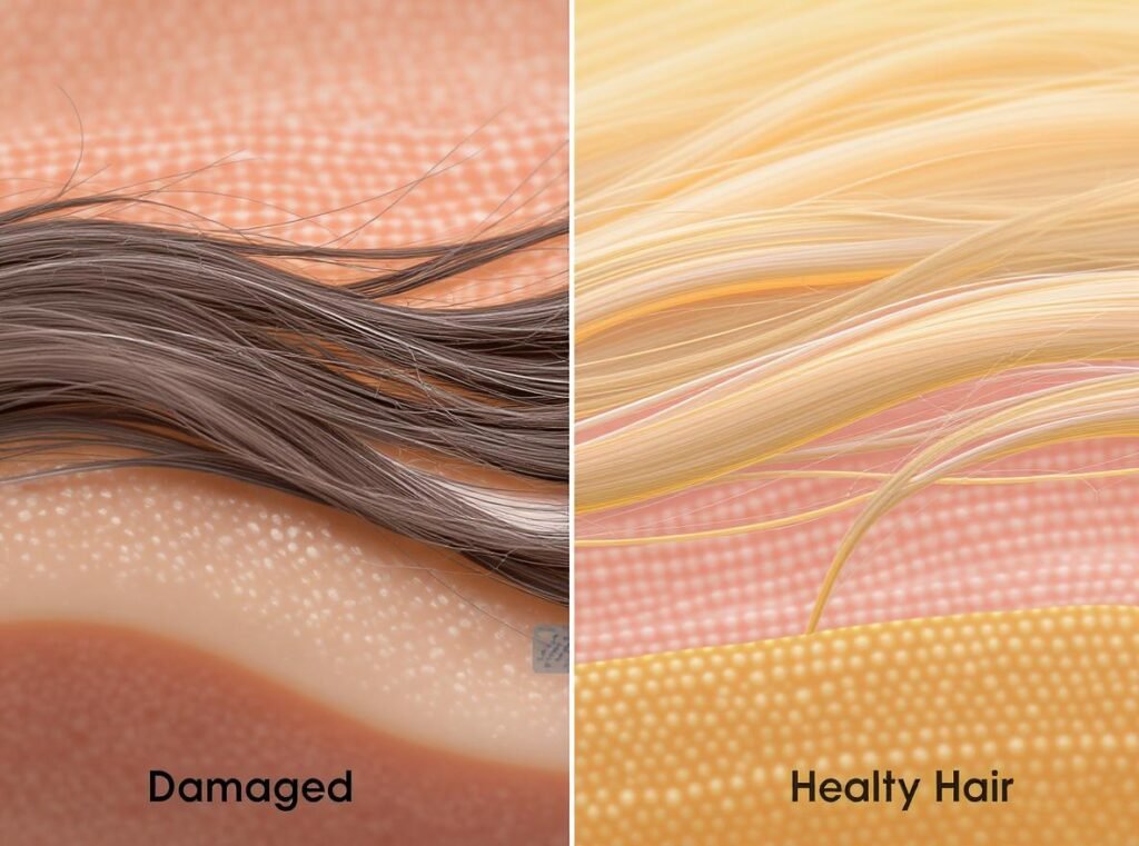 Comparison of damaged hair versus healthy hair showing long-term effects of hair dryer choice