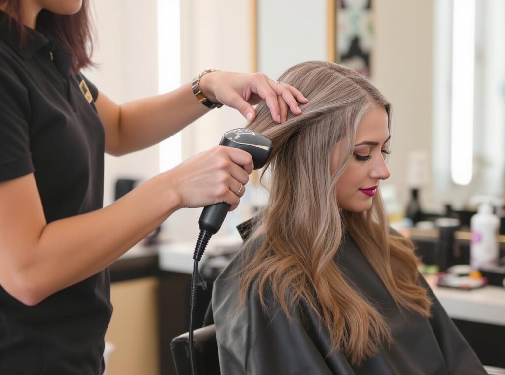 Professional stylist demonstrating proper infrared hair dryer technique with sectioning and heat protectant application