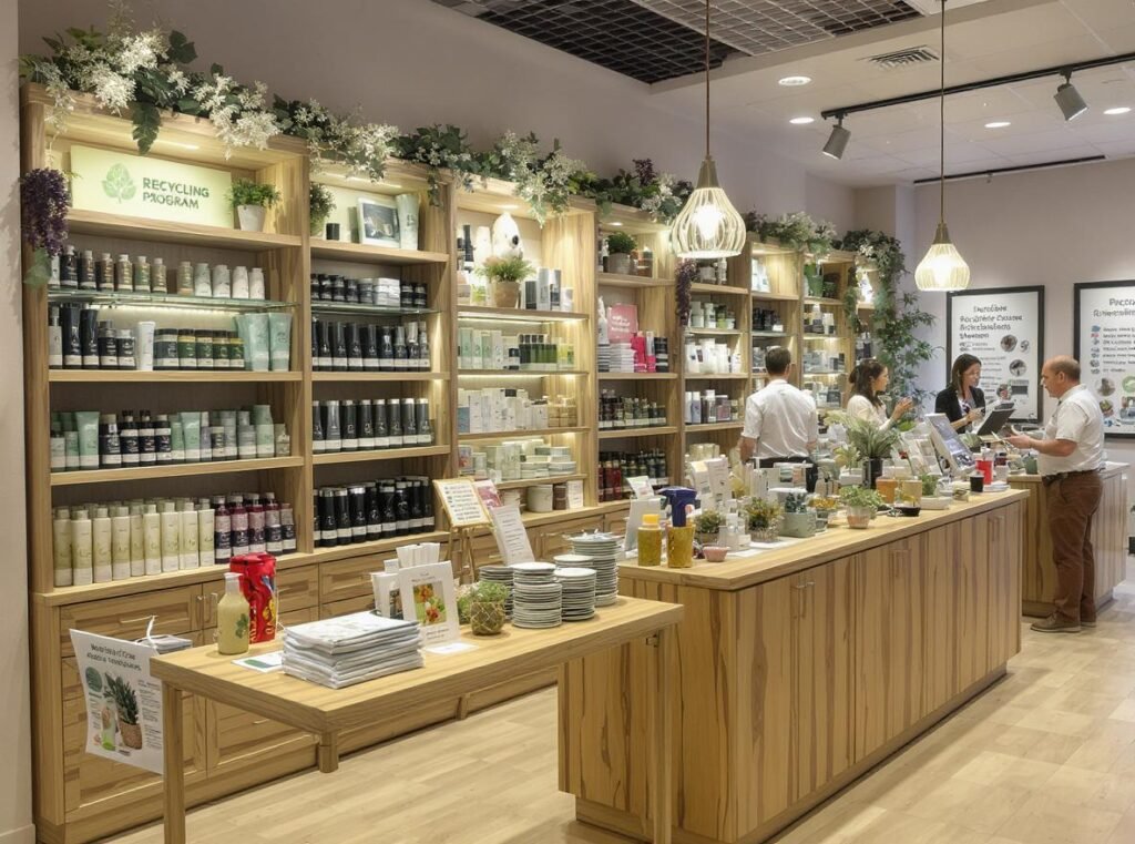 Eco-friendly beauty store promoting sustainable hair dryer practices and recycling programs