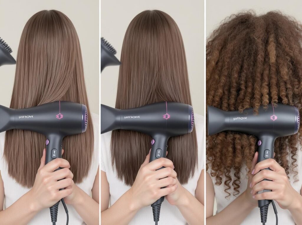 Different children's hair types with corresponding optimal dryer settings