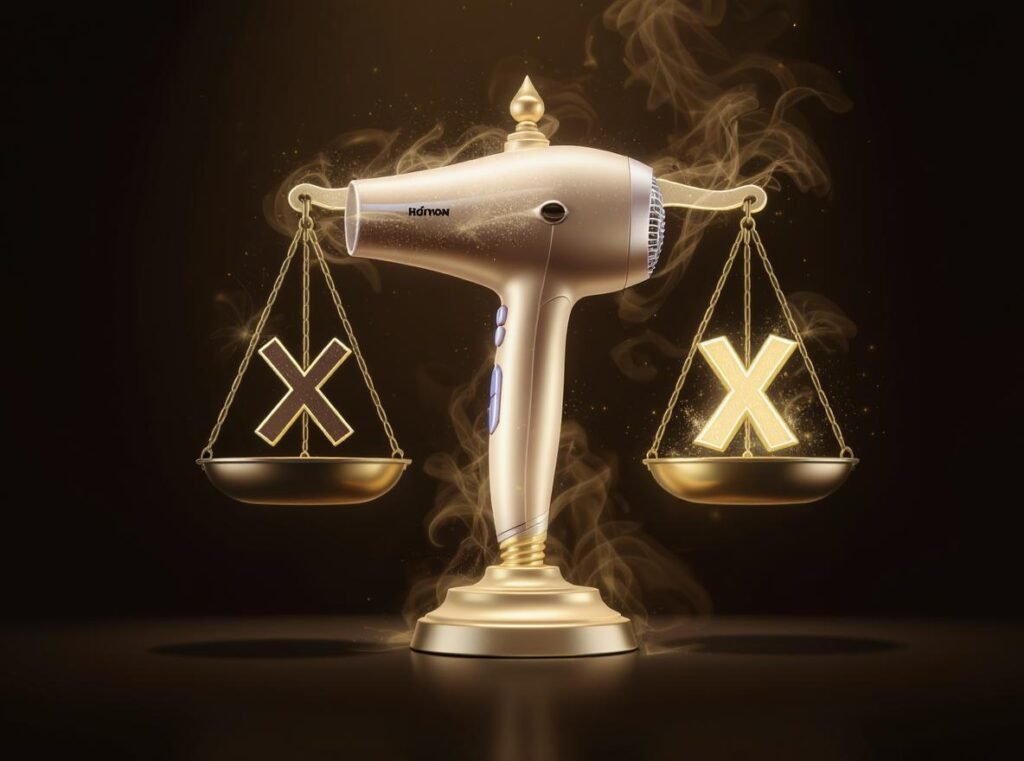 Battery hair dryer final verdict summary showing pros and cons balance