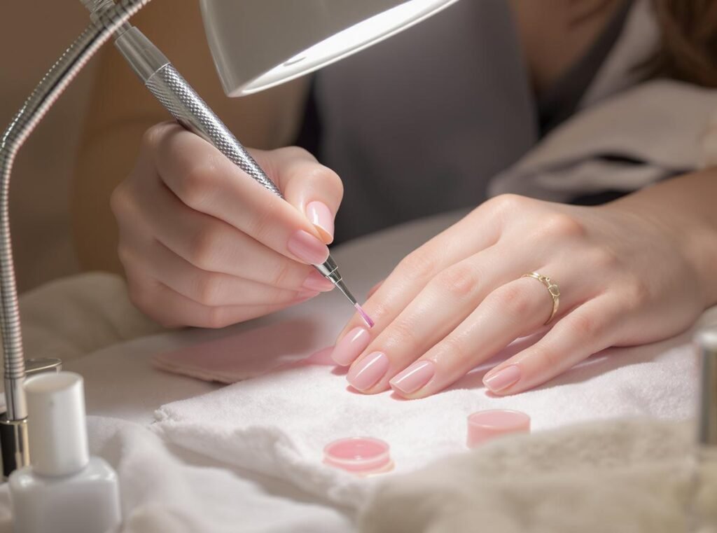 Professional nail salon manicure showing salon-quality nail polish drying results