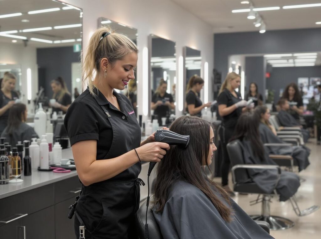Professional hairstylist using smart hair dryer in salon environment