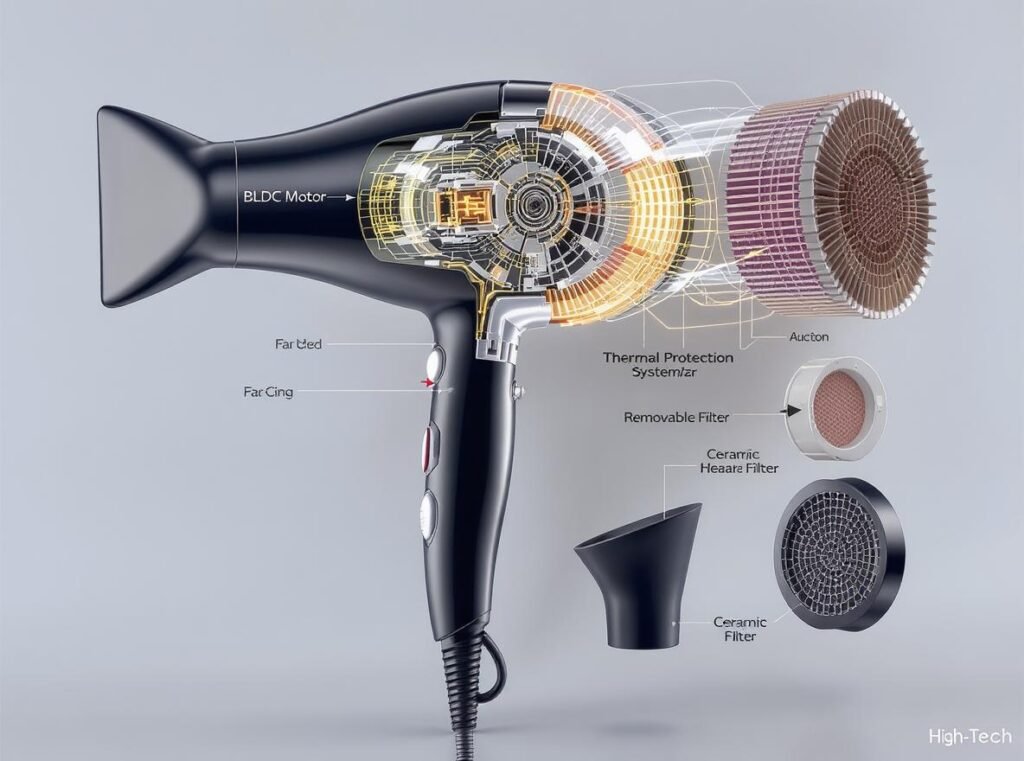 Hair dryer internal components showing BLDC motor and thermal protection features