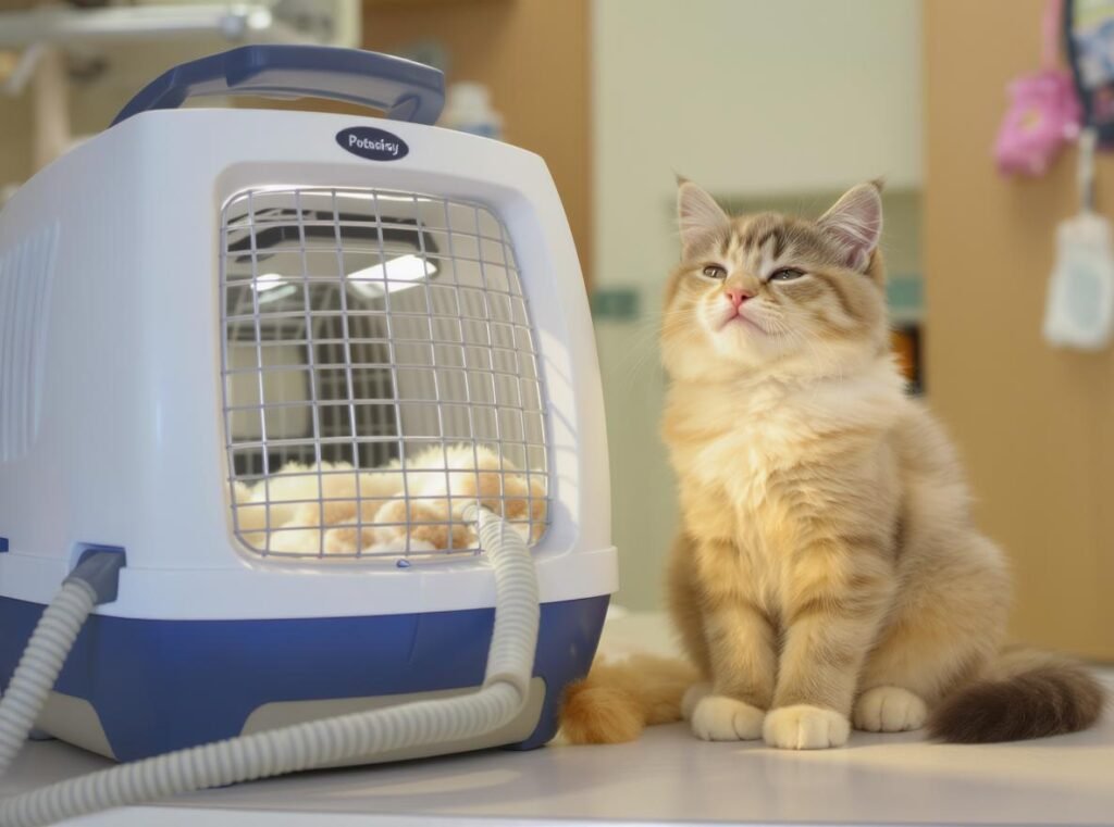 Happy dry kitten next to professional pet care equipment showing successful grooming