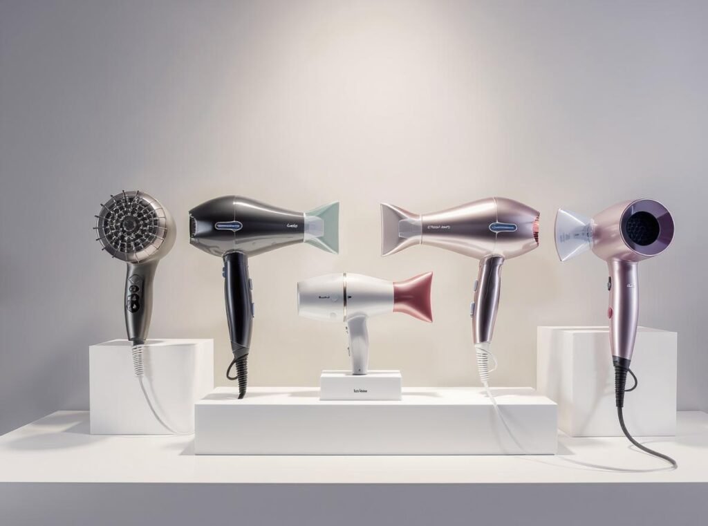 Display of reliable retractable cord hair dryers for professional use