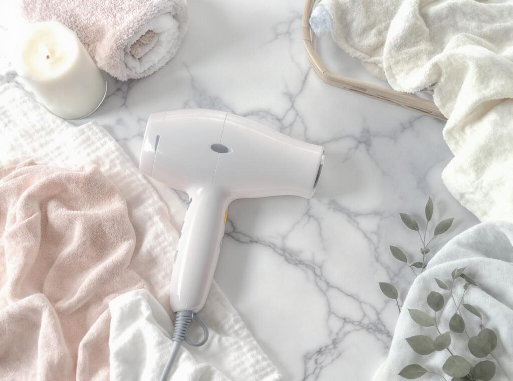 Peaceful post-surgery hair care recovery scene with gentle hair dryer