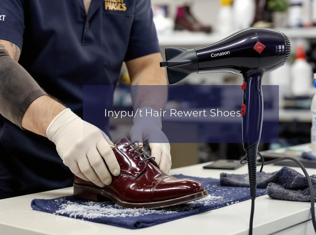 Professional shoe care conclusion featuring Conason P1C hair dryer and properly maintained shoes