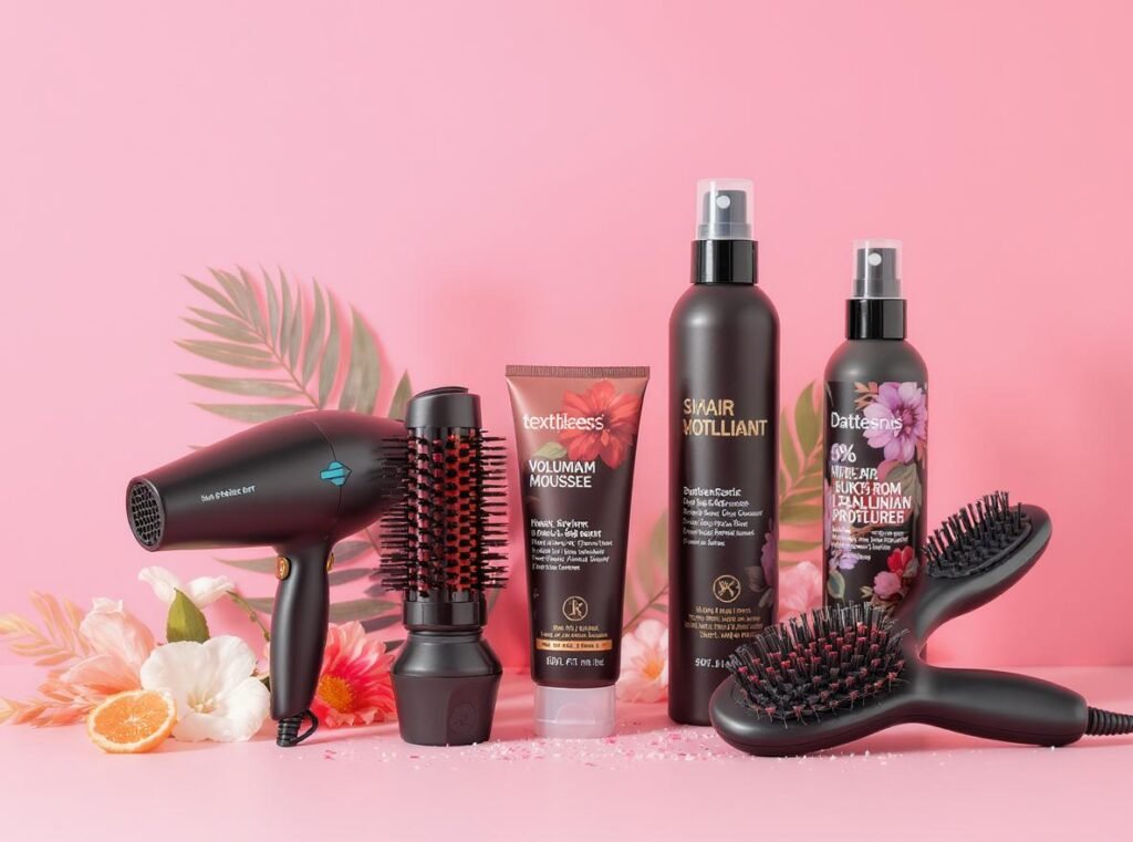 Essential hair styling products for curtain bangs including heat protectant and volumizing mousse