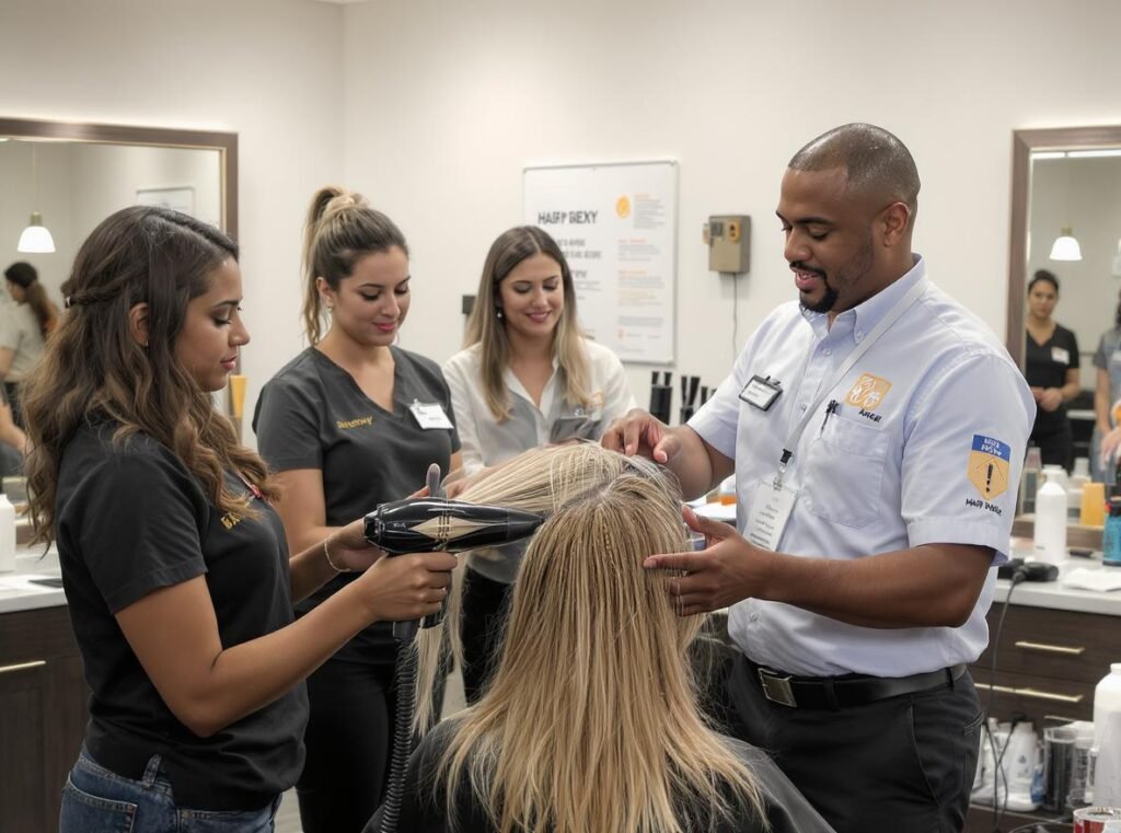 Professional training session teaching hair dryer safety to salon staff