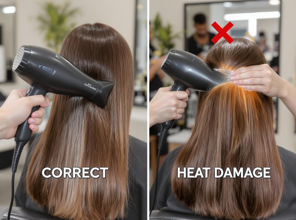 Professional hair dryer techniques for keratin-treated hair showing correct and incorrect methods