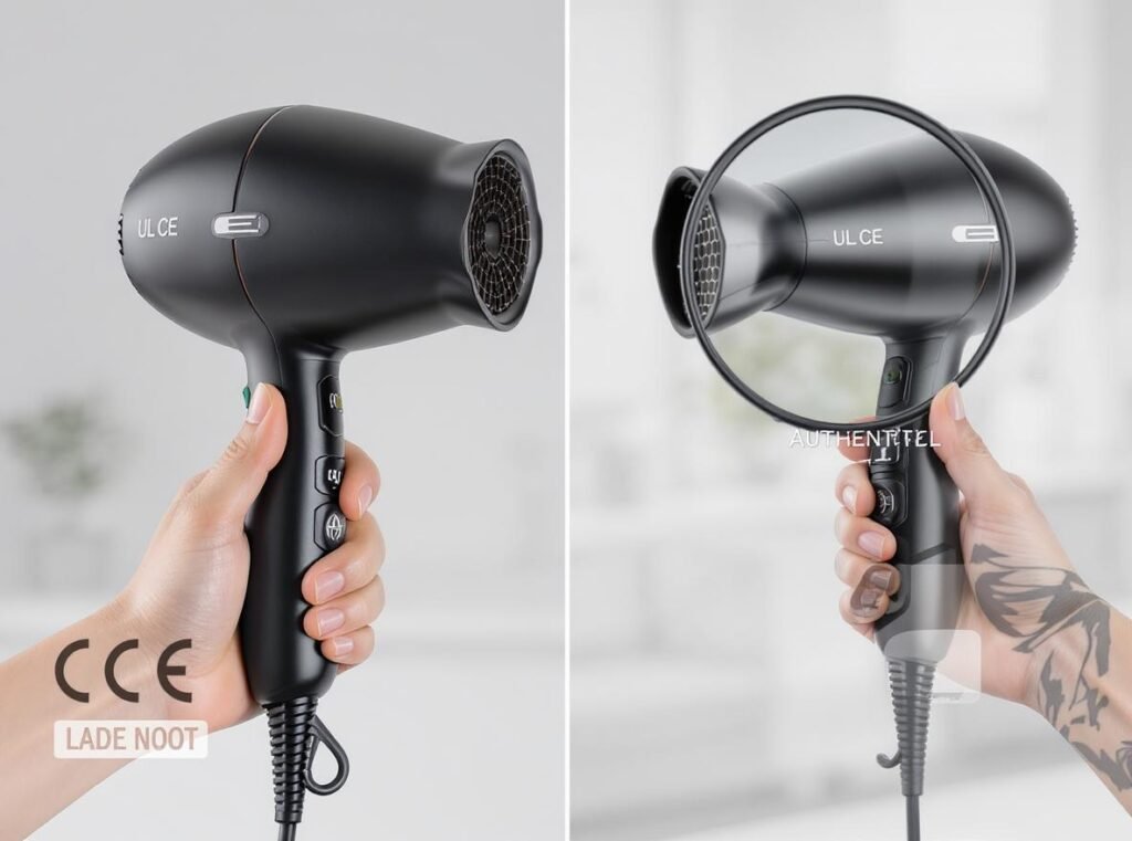 Professional hair dryer authenticity verification with UL CE certification badges and magnifying glass examination