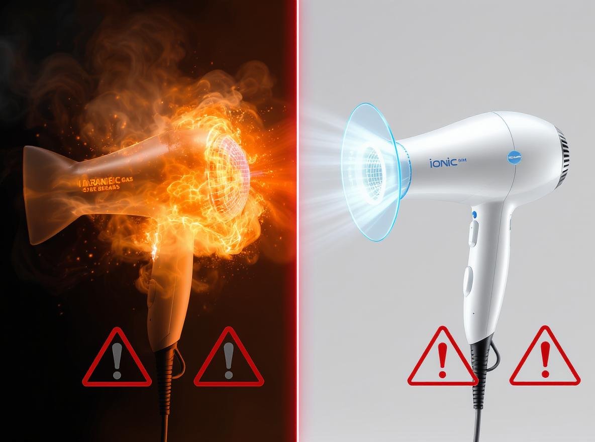 Ozone hair dryer safety comparison showing health risks versus safe ionic alternatives