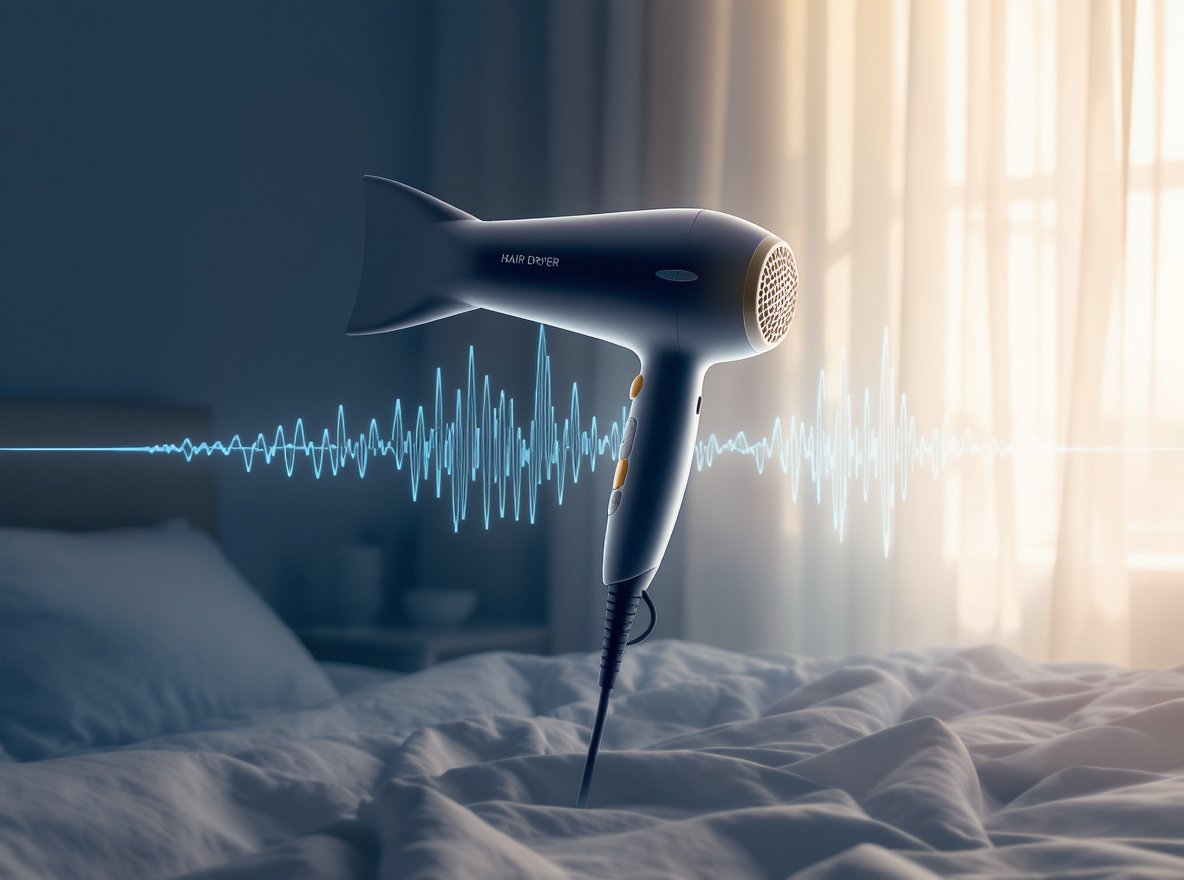Quiet hair dryer under 75 decibels with sound wave visualization