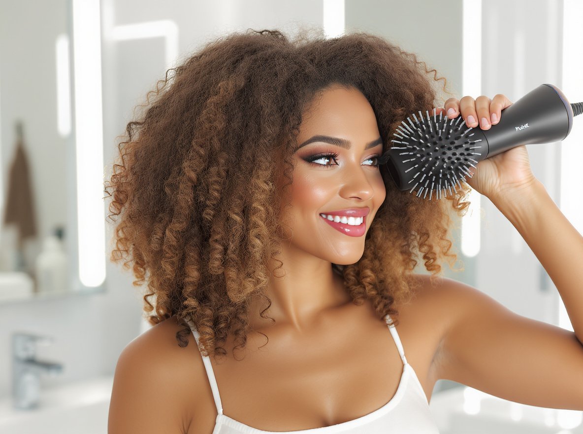 Woman using hair diffuser on curly hair to prevent frizz and enhance natural curl definition