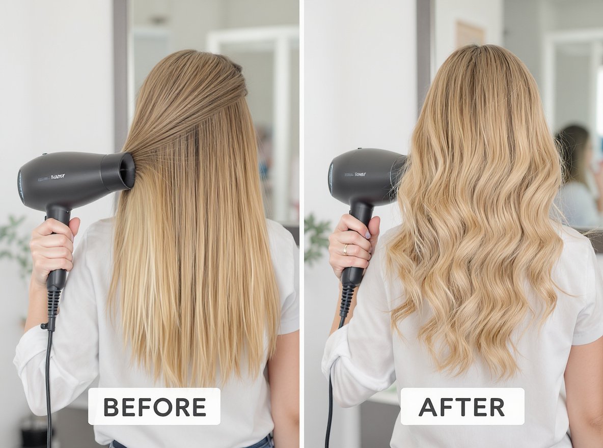 Woman adding volume to fine hair with professional hair dryer showing before and after results