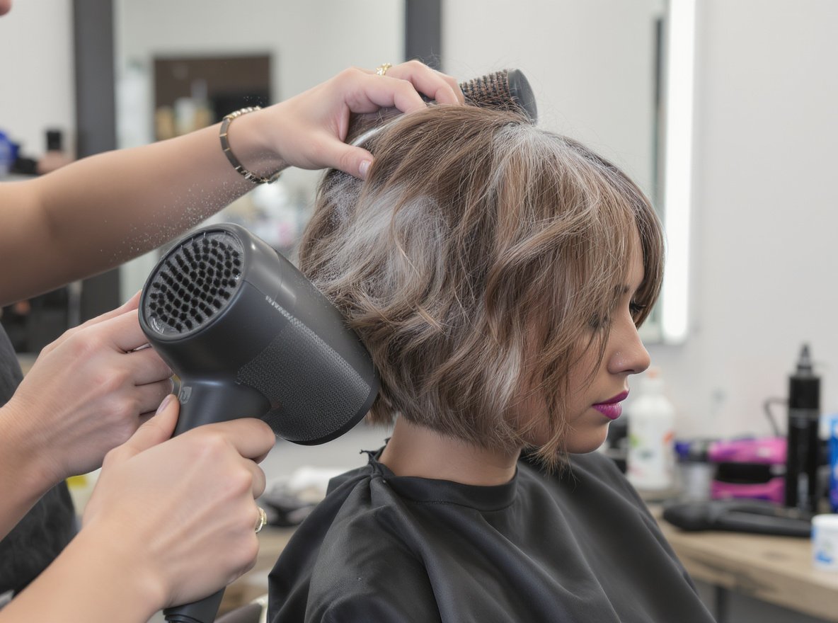 Professional blow drying short hair with round brush for maximum texture and volume