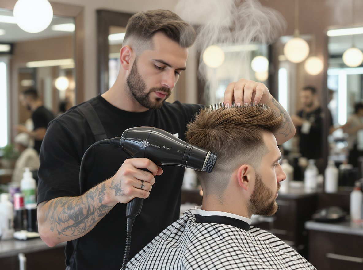 Professional barber blow-drying men's quiff with high-speed hair dryer and round brush