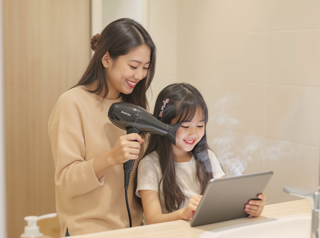 Child sitting calmly while mother blow-dries hair using professional hair dryer