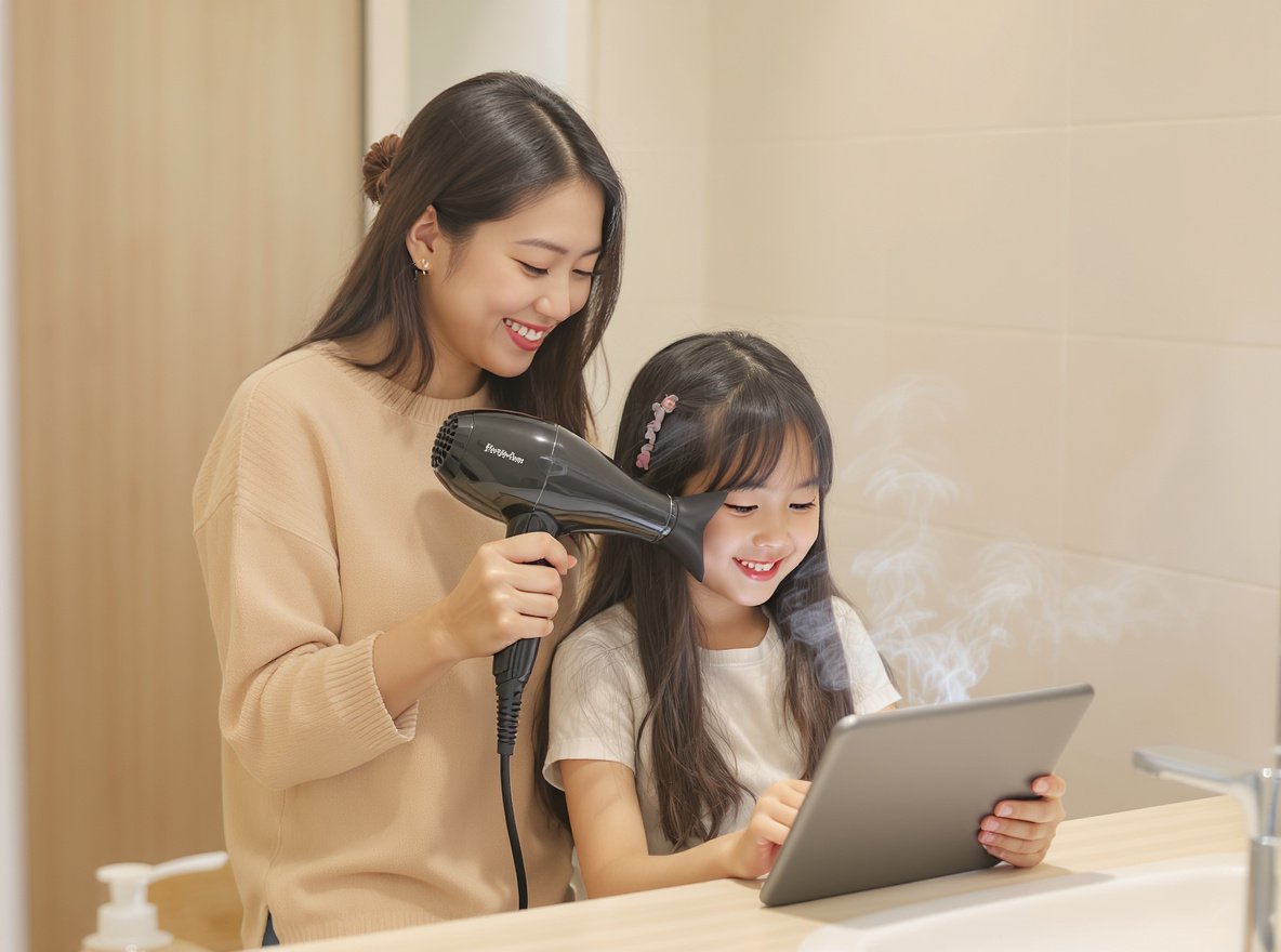 Child sitting calmly while mother blow-dries hair using professional hair dryer