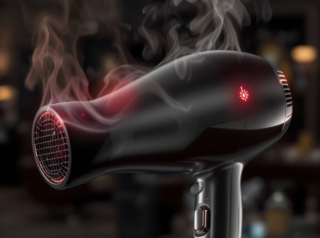 High-end hair dryer with thermal protection warning light and overheating indicators