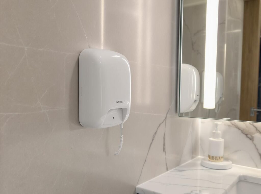 Modern wall-mounted hair dryer in luxury hotel bathroom