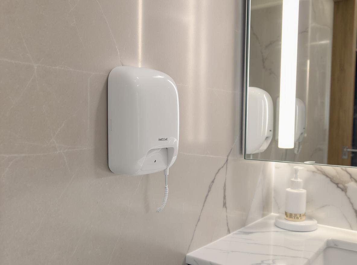 Modern wall-mounted hair dryer in luxury hotel bathroom