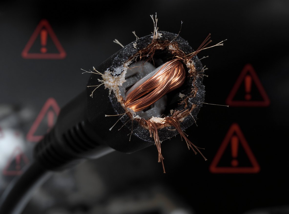 Severely damaged hair dryer cord with exposed wires and burn marks showing electrical safety hazard