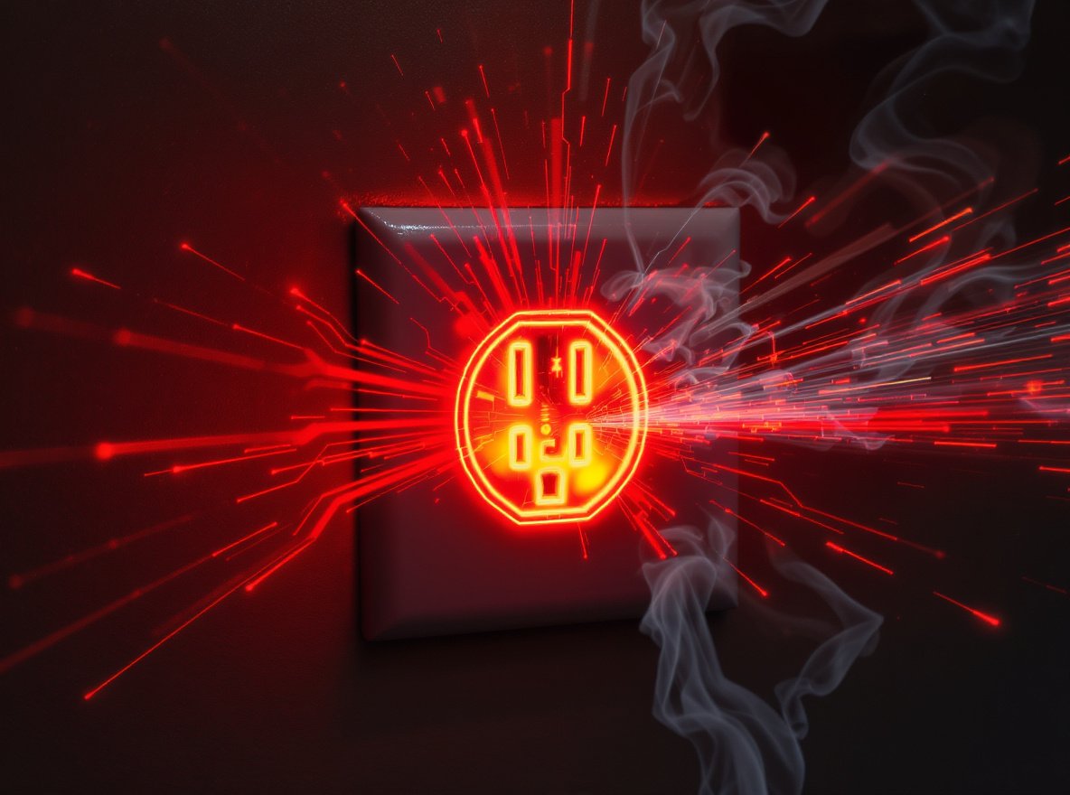 Hot hair dryer plug overheating in electrical outlet with danger warning signs