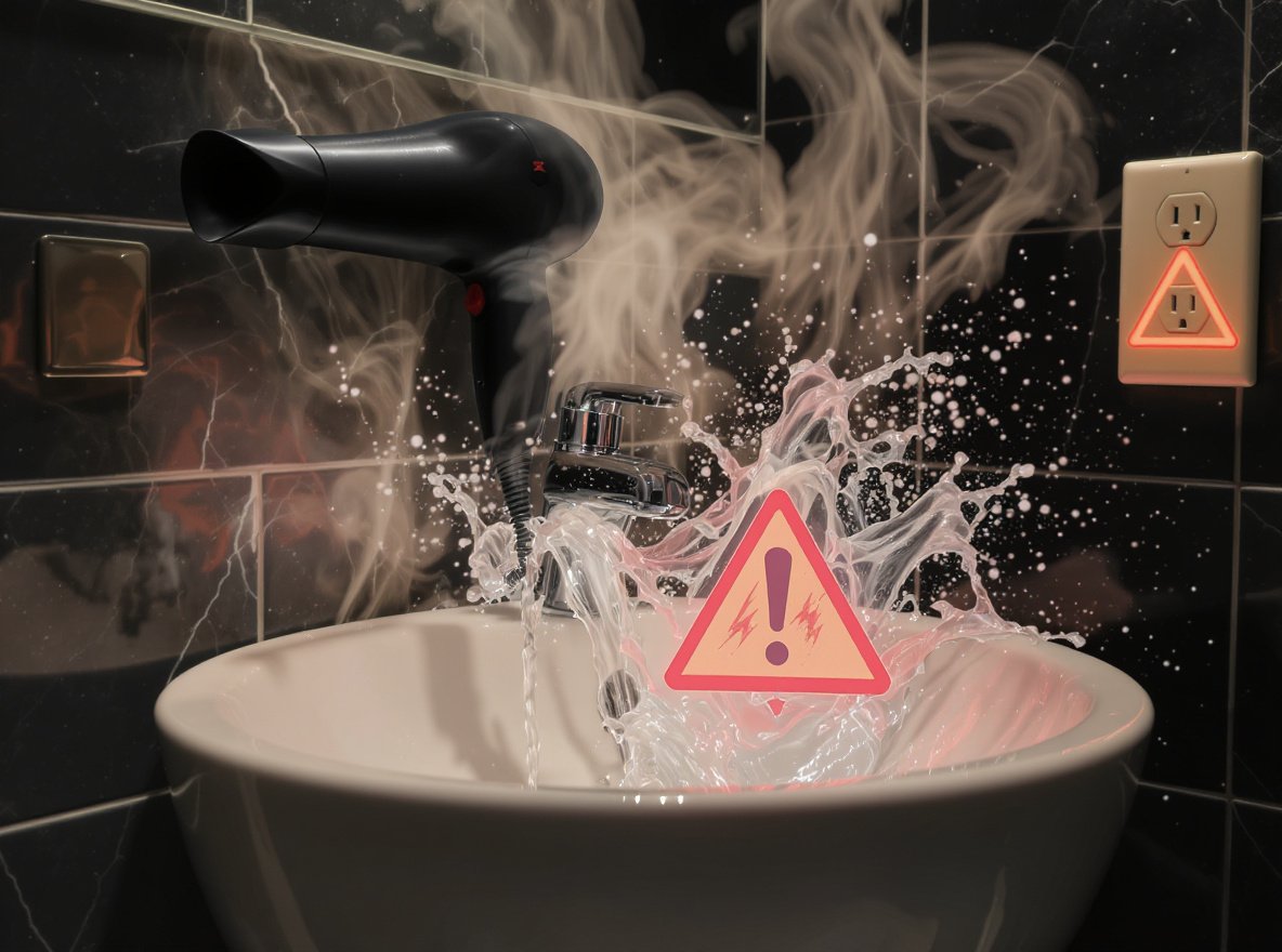 Hair dryer falling into bathroom sink water creating electrical safety hazard