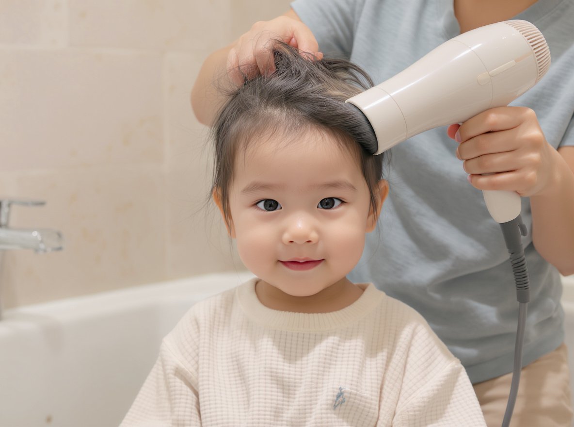 Child with sensitive scalp getting gentle hair drying treatment from parent using specialized children's hair dryer