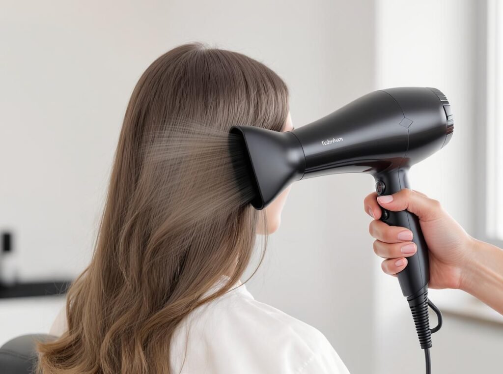 Professional hair dryer with wide airflow nozzle drying thick long hair in modern salon