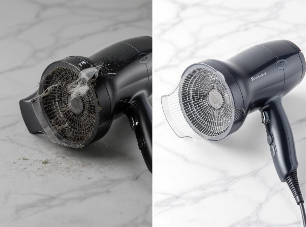 Clean vs dirty hair dryer filter comparison showing maintenance importance