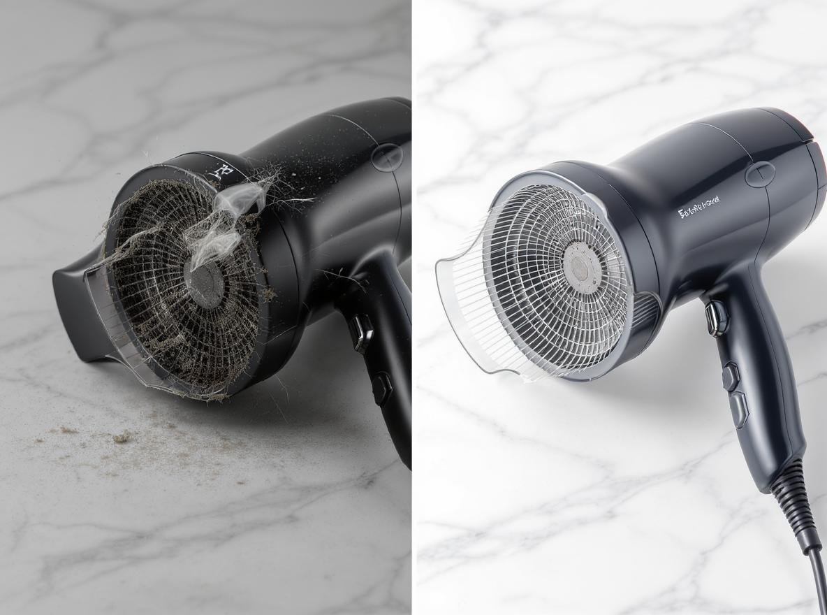 Clean vs dirty hair dryer filter comparison showing maintenance importance