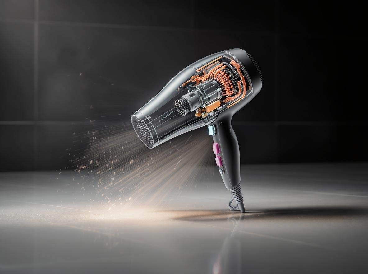 Hair dryer dropping toward bathroom floor showing internal components and potential damage