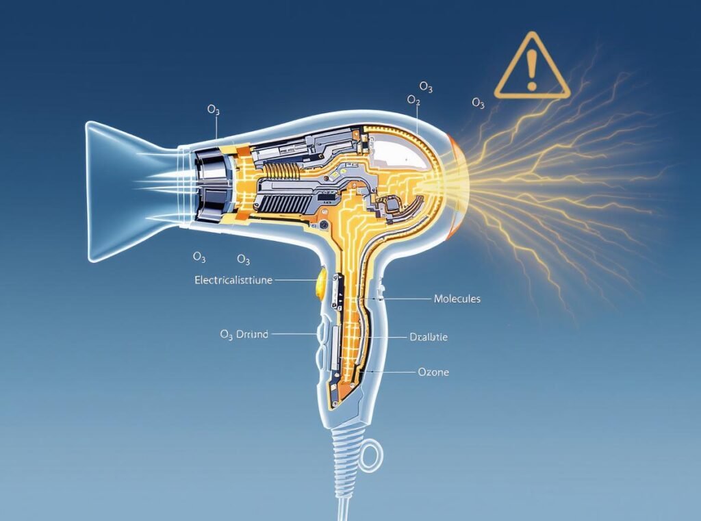 Hair dryer ozone technology diagram showing internal components and O3 molecule production