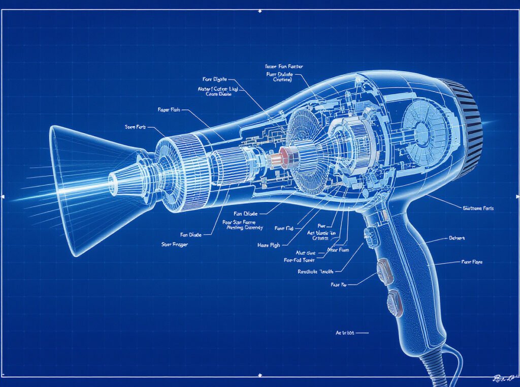 Hair dryer noise sources diagram showing motor and fan components