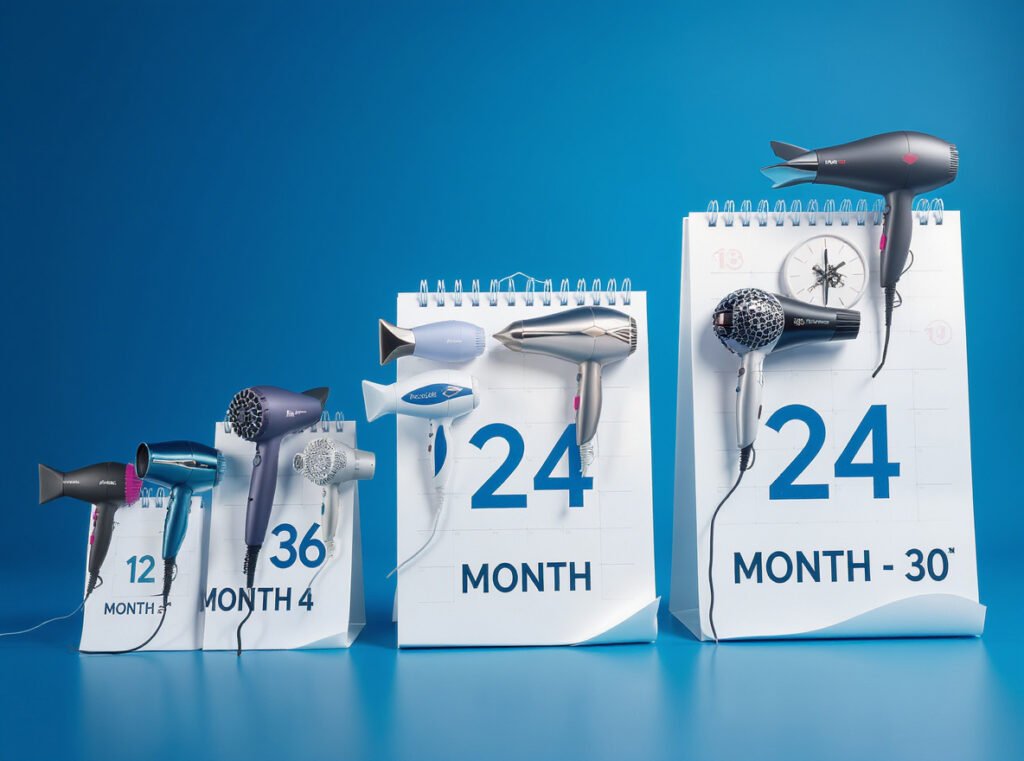 Hair dryer warranty duration timeline showing 12-24 month standard coverage periods