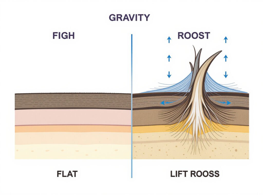 Before and after comparison showing gravity effect on hair volume when blow-drying upside down