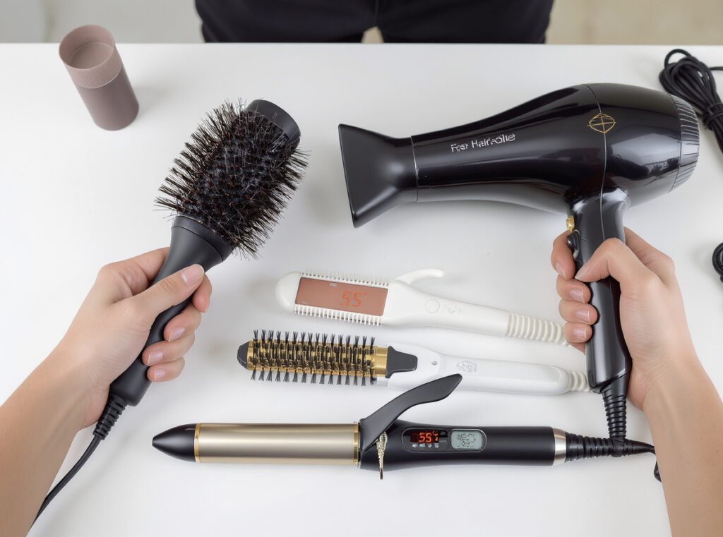Professional hair styling tools comparison showing round brush, hair dryer, and curling iron