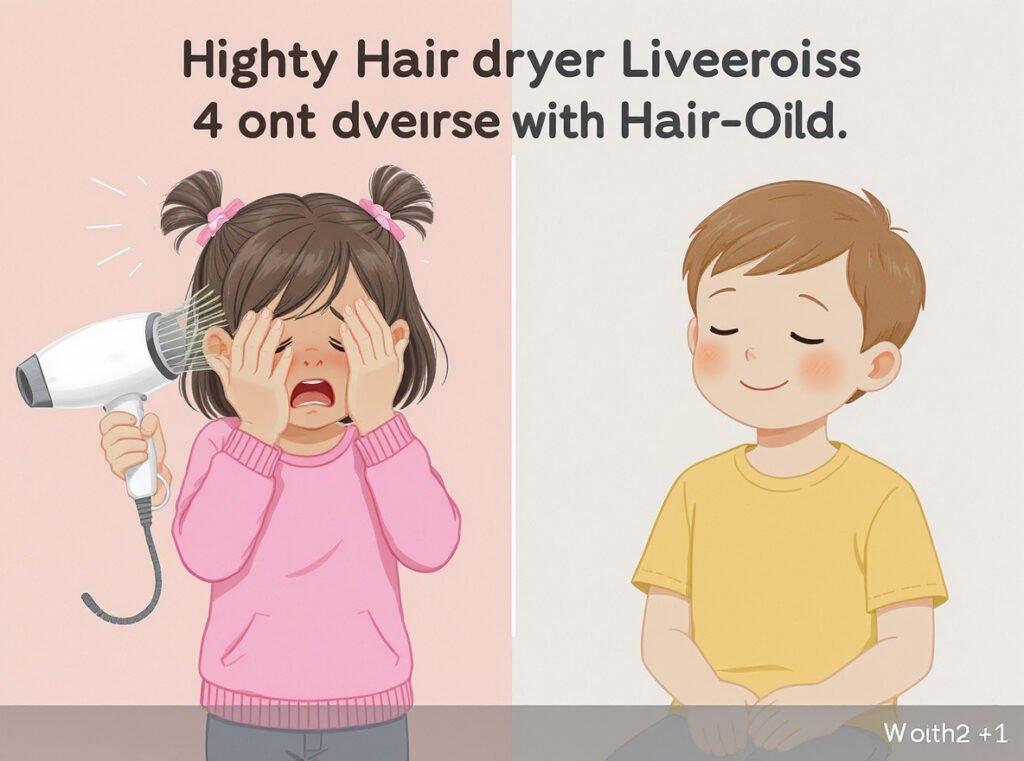 Comparison showing child's sensory reaction to loud versus quiet hair dryers