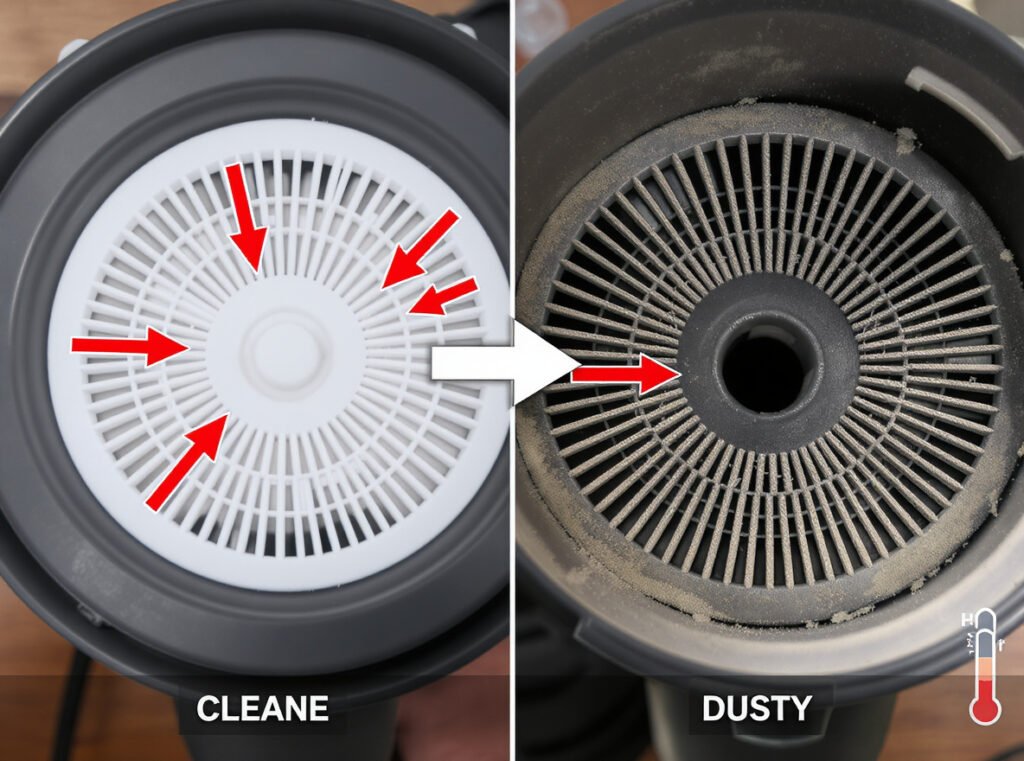 Comparison of clean versus clogged hair dryer filters causing thermal overload