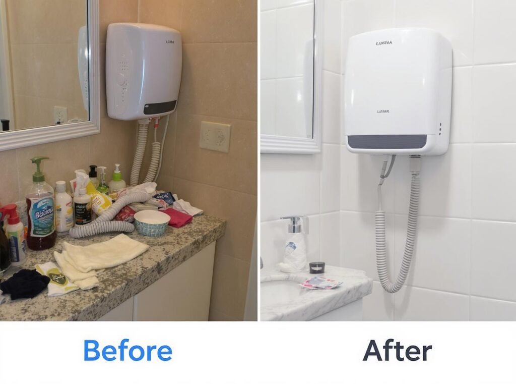 Comparison showing space-saving benefits of wall-mounted hair dryers