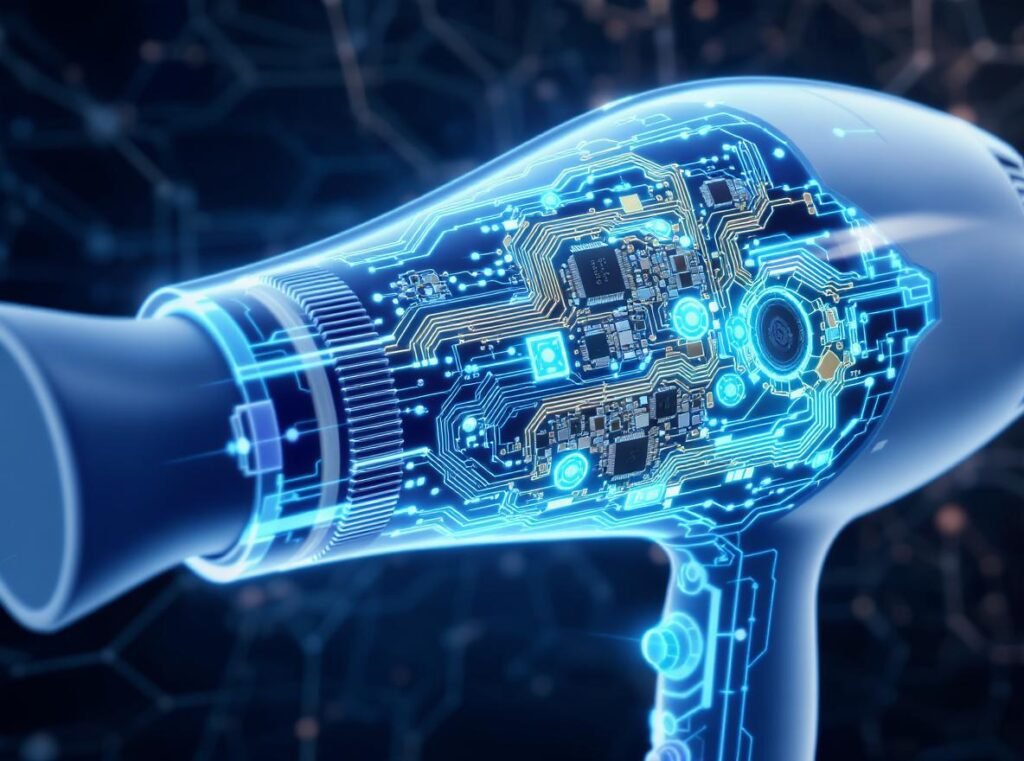AI hair dryer internal sensors and smart technology components diagram