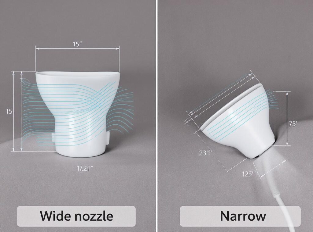 Comparison of wide vs narrow hair dryer nozzles showing size and airflow differences