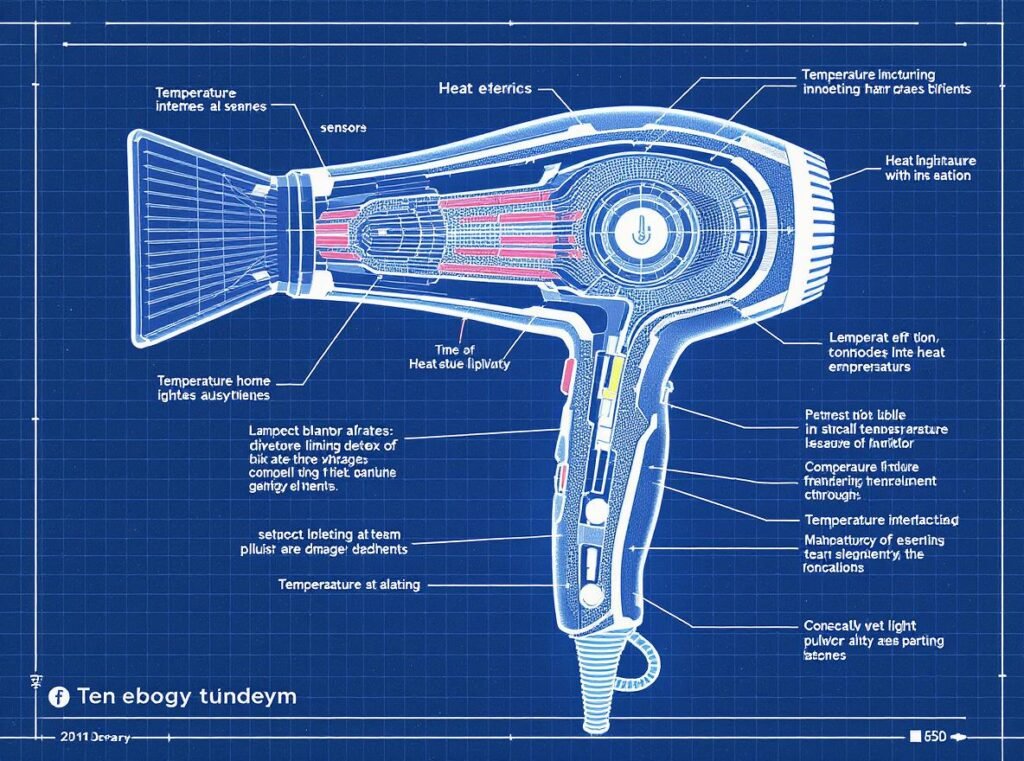 Hair dryer internal components showing automatic temperature sensors and monitoring system